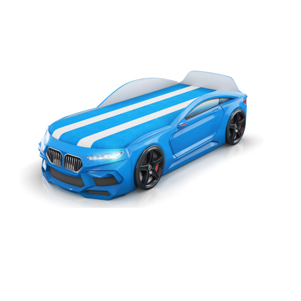 Кровать машина 2+ Голубой 170x70 с ящиком и матрасом подсветка фар 