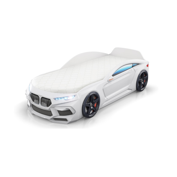 Кровать машина 2+ Белый 170x70 с ящиком и матрасом подсветка фар