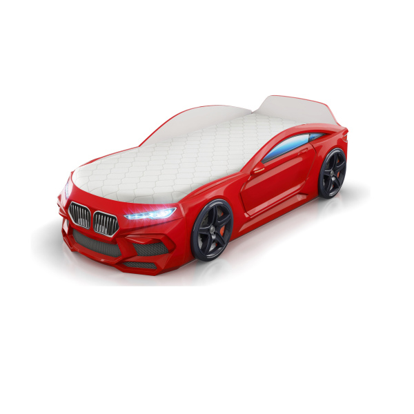 Кровать машина 2+ Красный 170x70 с ящиком и матрасом подсветка фар